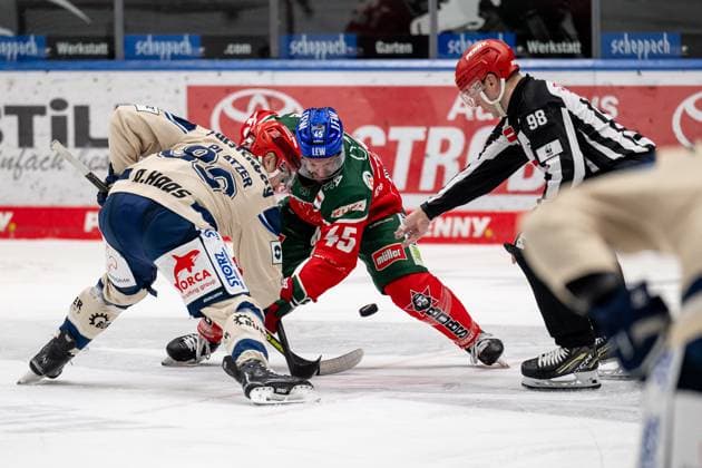 Linesperson Maksim Cepik executes a faceoff between Kyle Platzer Schwenninger Wild Wings, 88 and Jason Bast Augsburger Panther, 45 GER, Augsburger Panther vs Schwenninger Wild Wings, Ice Hockey, DEL, Matchday 43, Season 2024 2025, 02 02 2025 GER, Augsburger Panther vs Schwenninger Wild Wings, Ice Hockey, DEL, Matchday 43, Season 2024 2025, 02 02 2025 Augsburg Copyright: xEibner-Pressefoto HeikexFeinerx EP_HFR