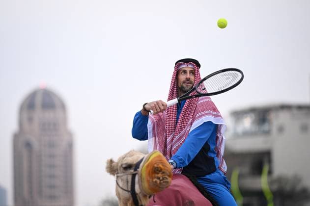 Qatar ExxonMobil Open 2025 Photostunt at Katara Beach , Doha Qatar Grigor Dimitrov BUL , Novak Djokovic SRB , Carlos Alcaraz ESP and Stefanos Tsitsipas GRE