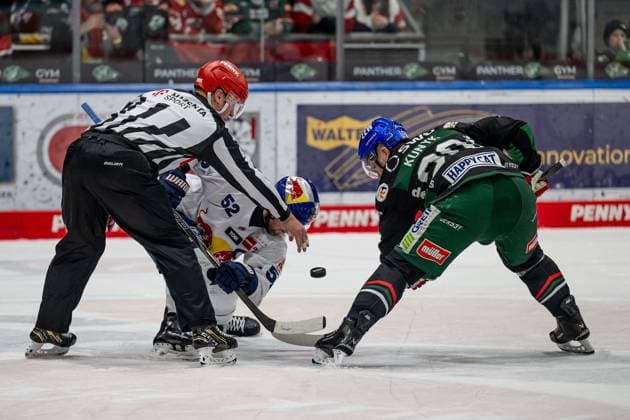 Linesperson Maksim Cepik executes a faceoff between Patrick Hager EHC Red Bull Muenchen, 52 and Cody Kunyk Augsburger Panther, 20 GER, Augsburger Panther vs EHC Red Bull Muenchen, Ice Hockey, DEL, Matchday 48, Season 2024 2025, 23 02 2025 GER, Augsburger Panther vs EHC Red Bull Muenchen, Ice Hockey, DEL, Matchday 48, Season 2024 2025, 23 02 2025 Augsburg Copyright: xEibner-Pressefoto HeikexFeinerx EP_HFR