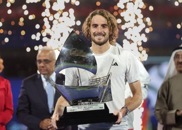 Stefanos Tsitsipas, with the cup, trophy, award ceremony, presentation, Dubai Duty Free Tennis Championships, Dubai, U A E Tennis Dubai Tennis Championships 2024 ATP Dubai Duty Free Tennis Stadium Dubai United Arab Emirates 1 March 2025 Copyright: xJuergenxHasenkopfx