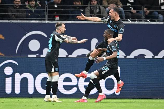 Soccer 1 Bundesliga 24 Matchday Eintracht Frankfurt Bayer 04 Leverkusen on 01 03 2025 at Deutsche Bank Park in Frankfurt Goal celebration to 0 2 by Nordi Mukiele Leverkusen DFL regulations prohibit any use of photographs as image sequences and or quasi video xJKx