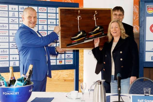 Matthias Große, Ralf Grengel and Claudia Pechstein at a press conference on the end of their speed skating careers in the Müggelturm Berlin, 10 03 2025 Foto:xM.xWehnertx xFuturexImagex 0806991470st