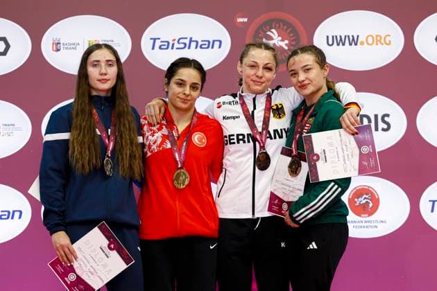 U23 Wrestling European Championships Podium 55kg WW Gold Tuba Demir TUR , Silver Mihaela Samoil MDA , Bronze Roza Szenttamasi HUN , Amory Olivia Andrich GER
