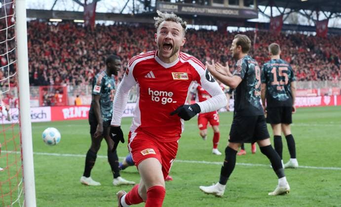 Benedict Hollerbach cheers after 1 1 equalizer joy emotion jubilation Sport Football Soccer Bundesliga Men DFL 26 Matchday Season 2024 2025 15 03 2025 1 FC Union Berlin FCU vs FC Bayern Munich FCB DFL regulations prohibit any use of photographs as image sequences and or quasi video