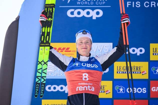 250316 Einar Hedegart of Norway celebrates after men™s 10 km Interval start free technique during the FIS Cross Country World Cup on March 16, 2025 in Oslo Photo Marius Simensen BILDBYRAN COP 238 MM0041 skidor cross country skiing langrenn fis world cup holmenkollen mens 10 km bbeng jubel norge  Copyright: MARIUSxSIMENSEN BB250316ZA014