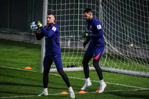 Training session of Croatian National Football Team Goalkeepers Dominik Livakovic and Ivica Ivusic warming up during training session of Croatian National Football Team at Poljud Stadium on March 17, 2025 in Split, Croatia. Croatia will play UEFA League of Nations match against France on March 20.  ZvonimirxBarisin PIXSELL