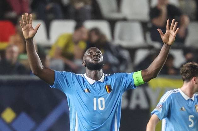 Belgium s Romelu Lukaku celebrates after scoring during a soccer game between Belgian national team, Nationalteam the Red Devils and Ukraine, Thursday 20 March 2025 in Murcia, Spain, the first leg of the play-offs in the Nations League. VIRGINIExLEFOUR x115338086x