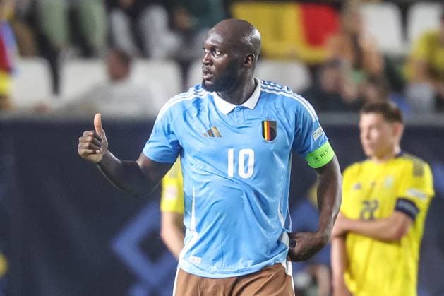 Belgium s Romelu Lukaku celebrates after scoring during a soccer game between Belgian national team, Nationalteam the Red Devils and Ukraine, Thursday 20 March 2025 in Murcia, Spain, the first leg of the play-offs in the Nations League. VIRGINIExLEFOUR x115338155x