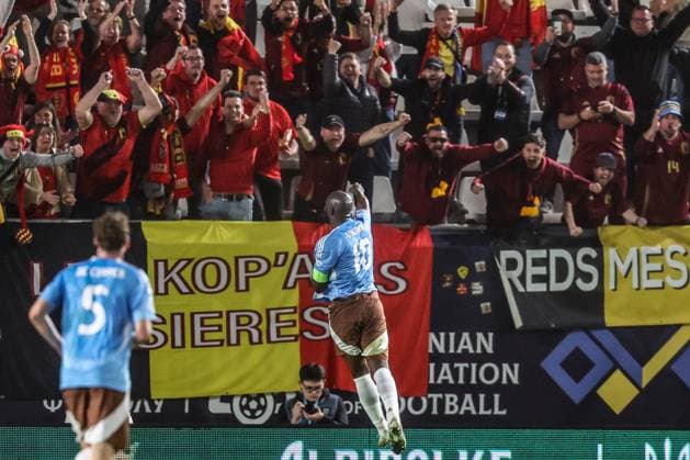 Belgium s Romelu Lukaku celebrates after scoring during a soccer game between Belgian national team, Nationalteam the Red Devils and Ukraine, Thursday 20 March 2025 in Murcia, Spain, the first leg of the play-offs in the Nations League. VIRGINIExLEFOUR x115338629x
