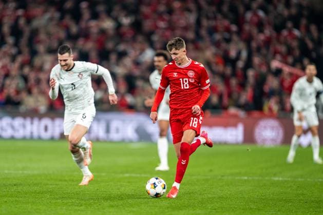 Denmark v Portugal, UEFA Nations League, Copenhagen, Denmark Copenhagen, Denmark. 20th, March 2025. Jesper Lindstrom (18) of Denmark seen during the UEFA Nations League play-off match between Denmark and Portugal at Parken in Copenhagen. Denmark, Copenhagen  Copyright: xGonzalesxPhoto FrederikkexJensenx