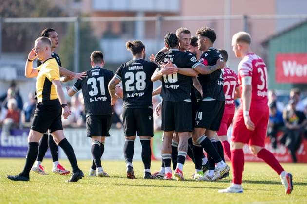 Players of SV Sandhausen SVS , cheer about the goal to 1 2, cheer, goal celebration, celebrate the goal, goal, celebration, cheers about the goal, rejoice, joy, rejoices, optimistic, positive, game scene, highlight, Action, Action, 22 03 2025, Krautheim Germany , Soccer, bfv Rothaus Pokal, Semifinal, VfR Gommersdorf SV Sandhausen, DFB DFL REGULATIONS PROHIBIT ANY USE OF PHOTOGRAPHS AS IMAGE SEQUENCES AND OR QUASI VIDEO xozx