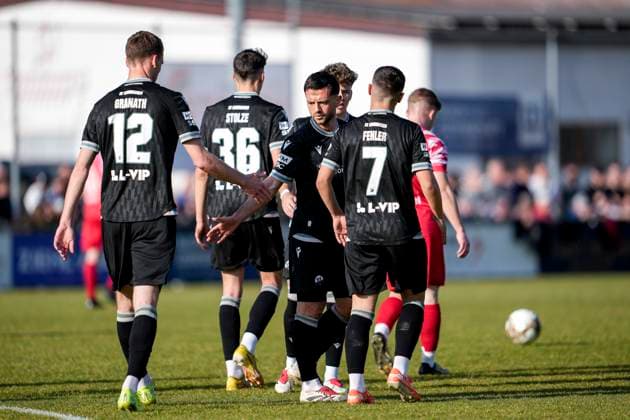 Players of SV Sandhausen SVS , cheer about the goal to 1 3, cheer, goal celebration, celebrate the goal, goal, celebration, cheers about the goal, rejoice, joy, rejoices, optimistic, positive, game scene, highlight, Action, Action, 22 03 2025, Krautheim Germany , Soccer, bfv Rothaus Pokal, Semifinal, VfR Gommersdorf SV Sandhausen, DFB DFL REGULATIONS PROHIBIT ANY USE OF PHOTOGRAPHS AS IMAGE SEQUENCES AND OR QUASI VIDEO xozx