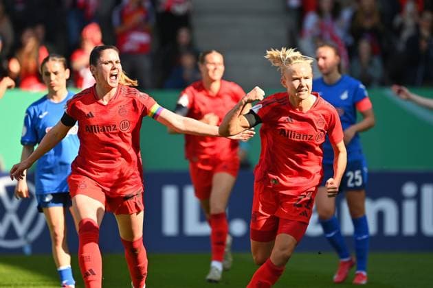 Goal celebration v re Pernile HARDER FCB after goal to 2 2 with Sarah ZADRAZIL FCB , cheering,joy,enthusiasm,action FC Bayern Muenchen TSG 1899 Hoffenheim 3 2 Soccer DFB Cup Semifinal Women on 22 03 2025 FC BAYERN CAMPUS