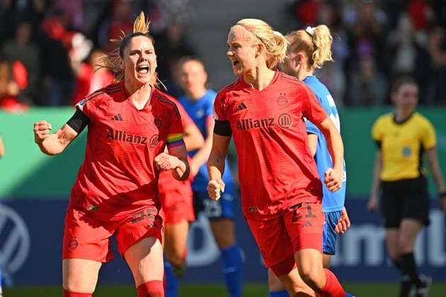Goal celebration v re Pernile HARDER FCB after goal to 2 2 with Sarah ZADRAZIL FCB , cheering,joy,enthusiasm,action FC Bayern Muenchen TSG 1899 Hoffenheim 3 2 Soccer DFB Cup Semifinal Women on 22 03 2025 FC BAYERN CAMPUS