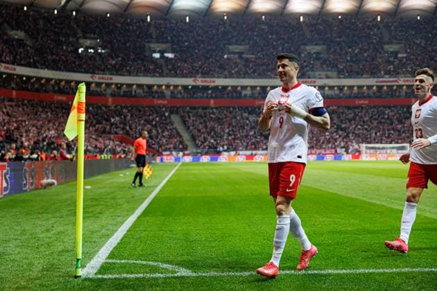 Robert Lewandowski seen celebrating after scoring goal during World Cup 2026 European Qualifying game between national teams of Poland and Lithuania at PGE Narodowy (Maciej Rogowski) Warsaw PGE Narodowy Poland Copyright: xMaciejxRogowskix polandlithuania2425-526