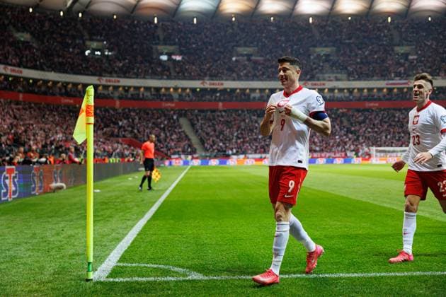 Robert Lewandowski seen celebrating after scoring goal during World Cup 2026 European Qualifying game between national teams of Poland and Lithuania at PGE Narodowy (Maciej Rogowski) Warsaw PGE Narodowy Poland Copyright: xMaciejxRogowskix polandlithuania2425-527