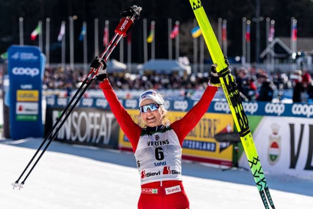 250323 Therese Johaug of Norway celebrates after winning the women s classic technique 50 km mass start during the FIS Cross Country World Cup on March 23, 2025 in Lahti Photo Kalle Parkkinen BILDBYRAN COP 211 KP0085 skidor cross country skiing langrenn världscupen fis cross country world cup fristil free technique fis cross country world cup dam bbeng norge norway jubel  Copyright: KALLExPARKKINEN BB250323BB697