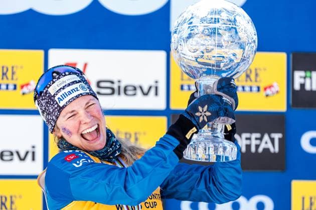 250323 Jessie Diggins of United States celebrates on the podium after the women s classic technique 50 km mass start during the FIS Cross Country World Cup on March 23, 2025 in Lahti Photo Kalle Parkkinen BILDBYRAN COP 211 KP0085 skidor cross country skiing langrenn världscupen fis cross country world cup fristil free technique fis cross country world cup dam bbeng jubel  Copyright: KALLExPARKKINEN BB250323BB751
