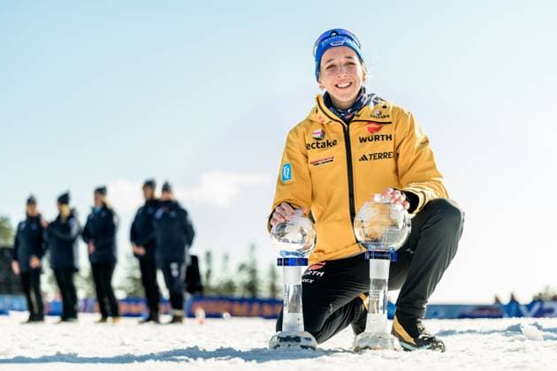250323 Franziska Preuss of Germany celebrates winning women™s Mass Start and World Cup after women s 12,5 km mass start during the IBU World Cup on March 23, 2025 in Oslo Photo Mathias Bergeld BILDBYRAN kod MB MB1114 biathlon biathlon biathlon world cup ibu world cup masstart mass start dam bbeng jubel  Copyright: MATHIASxBERGELD BB250323MB104