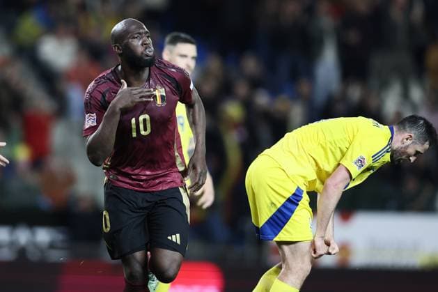 Belgium s Romelu Lukaku celebrates after scoring during a soccer game between Belgian national team, Nationalteam the Red Devils and Ukraine, Sunday 23 March 2025 in Genk, the return leg of the Nations League playoff. Ukraine won the first leg 3-1. BRUNOxFAHY x115474547x