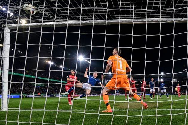 Goal for 2 1 by Maximilian Grosser 19 Arminia Bielefeld , Arminia Bielefeld vs Bayer 04 Leverkusen, DFB Pokal, Semifinal, 01 04 2025 DFB regulations prohibit any use of photographs as image sequences and or quasi video Bielefeld Nordrhein Westfalen Germany Copyright: xkolbert-press MarcxNiemeyerx