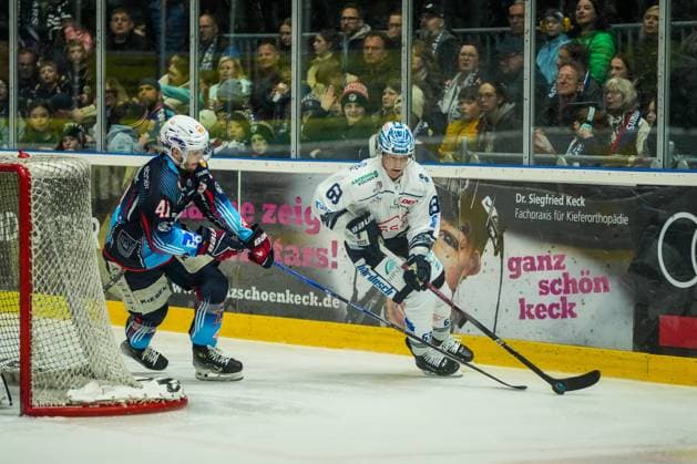 Battle for the puck duel between Lukas Jung Towerstars Ravensburg, 41 and David Rundqvist Dresdner Eisloewen, 63 , GER, Ravensburg Towerstars vs Dresdner Eisloewen, Ice Hockey, DEL2, Season 2024 2025, Playoff Final Game 1, 17 04 25 GER, Ravensburg Towerstars vs Dresdner Eisloewen, Ice Hockey, DEL2, Season 2024 2025, Playoff Final Game 1, 17 04 25 Ravenburg Copyright: xEibner-Pressefoto MaximilianxRisx EP_MRT