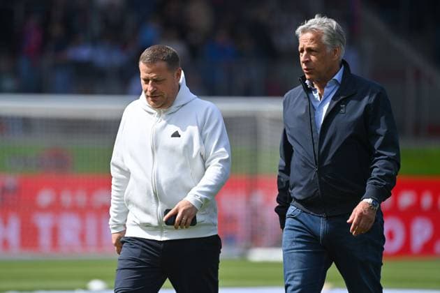from left Max EBERL Chief Sports Officer FC Bayern Muenchen with Stefan Mennerich FCB,Director Media, Digital and Communication Football 1 Bundesliga Season 2024 2025, 30 Matchday, Matchday30 1 FC Heidenheim FC Bayern Muenchen 0 4 on 19 04 2025, VOITH ARENA