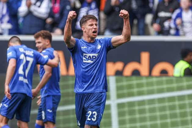 26 04 2025, Football, Season 2024 2025, 1 Bundesliga, Matchday 31, TSG 1899 Hoffenheim Borussia Dortmund, Adam Hlozek TSG Hoffenheim celebrates after his goal to make it 1 - 1 Hoffenheim PreZero Arena BW Germany xRHR PHOTO TRx Copyright: TimxRehbein RHR-FOTOx RHR-FOTO TR