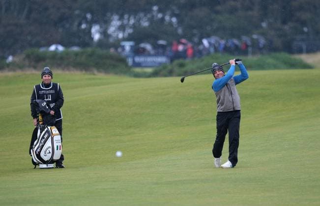 UK: The Alfred Dunhill Links Championship at Kingsbarns, St Andrews, Scotland on 30 September 2022 Pictured: Francesco Molinari (Italy) hits a low shot under the wind on the 9th fairway at Kingsbarns during the second round of the Alfred Dunhill Links Championship 2022 St Andrews Fife Scotland Copyright: xAlexxToddx