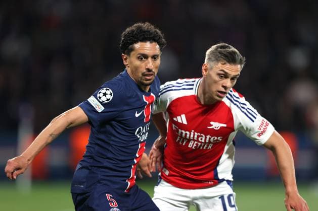 PSG gegen Arsenal UEFA Champions League 07 Mai 2025 Paris UEFA Champions League Paris Saint Germain gegen Arsenal FC Marquinhos von PSG und Leandro Trossard von Arsenal Foto Mark Leech Paris UK  Copyright: xMarkxLeechxOffside