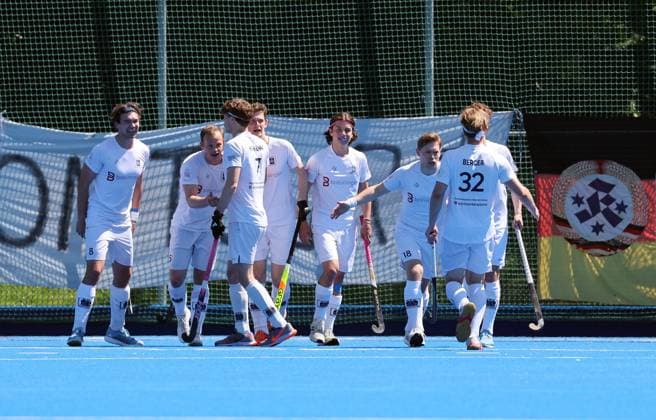 BAU 10 05 2025, Germany, Ludwigsburg, Hockey 2 Bundesliga, HTC Stuttgarter Kickers vs HC Ludwigsburg, HTC celebrating after the 2 0 goal, scorer Sten Brandenstein HTC