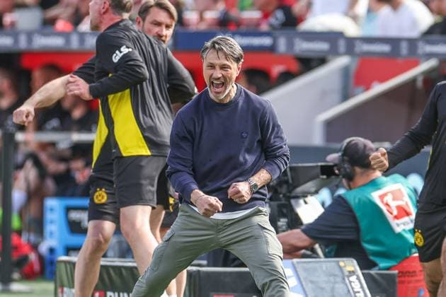 11 05 2025, Football, Season 2024 2025, 1 Bundesliga, Matchday 33, Bayer Leverkusen Borussia Dortmund, Coach Niko Kovac Borussia Dortmund cheers Leverkusen Bayarena NRW Germany xRHR PHOTO TRx Copyright: TimxRehbein RHR-FOTOx RHR-FOTO TR