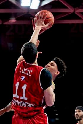 German Basketball Bundesliga BBL , FC Bayern Munich Basketball vs MHP RIESEN Ludwigsburg, Munich FC Bayern Basketball, Ludwigsburg MHP RIESEN, 2025 05 11 in Munich BMW Park LUCIC Vladimir FC Bayern Basketball FCBB11 Small Forward , TISCHLER Brandon MHP RIESEN Ludwigsburg LUD24 Small Forward sportworld Munich BMW Park Bayern Germany