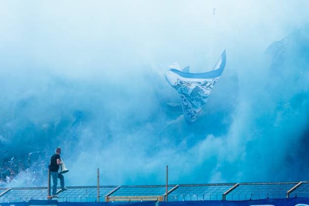 Blue clouds of smoke over the Westkurve, caused by 1860 Muenchen fans Football, 1860 Aue 1 1 3 Fußball Liga, TSV 1860 München Erzgebirge Aue, 38 Matchday, Season 2024 2025, on 17 05 2025 in Muenchen, S T A D I O N A N D E R G R U E N W A L D E R S T R A S S E, Germany Source Copyright Credit Oryk HAIST xFUSSBALL-1860-AUEx