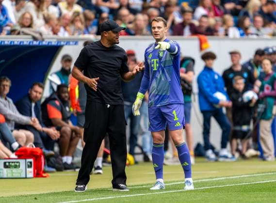 17 05 2025, Soccer 1 Bundesliga 2024 2025, Matchday 34, TSG 1899 Hoffenheim FC Bayern Munich, In the Pre Zero Arena Sinsheim Coach Vincent Kompany FC Bayern Munich with goalkeeper Manuel Neuer FC Bayern Munich on the sidelines