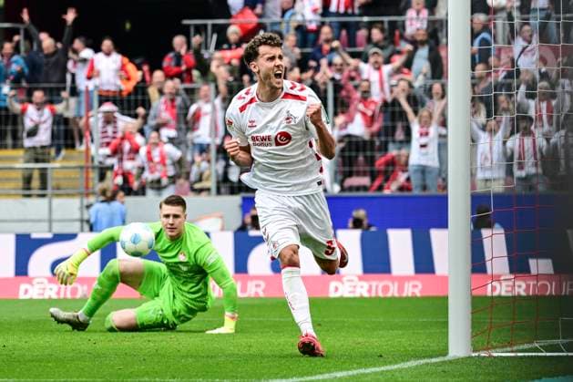 Goal celebration for 2 0 by Luca Waldschmidt Koeln 9 , 1 FC Koeln vs 1 FC Kaiserslautern, 2 Bundesliga, 34 Spieltag, 18 05 2025 DFB regulations prohibit any use of photographs as image sequences and or quasi video Koeln Nordrhein Westfalen Germany Copyright: xkolbert-press MarcxNiemeyerx