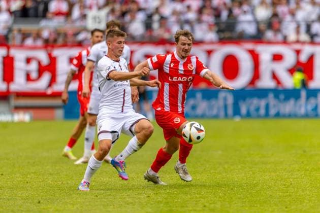 Cottbus, Germany 17 May 2025 3 Liga 2024 2025 FC Energie Cottbus vs FC Ingolstadt In the picture from left in a duelGustav Christensen FCI and Jonas Hofmann Energie Cottbus DFB regulations prohibit any use of photographs as image sequences and or quasi video LEAG Energie Stadion Brandenburg Copyright: xFotostandx xSchäferx