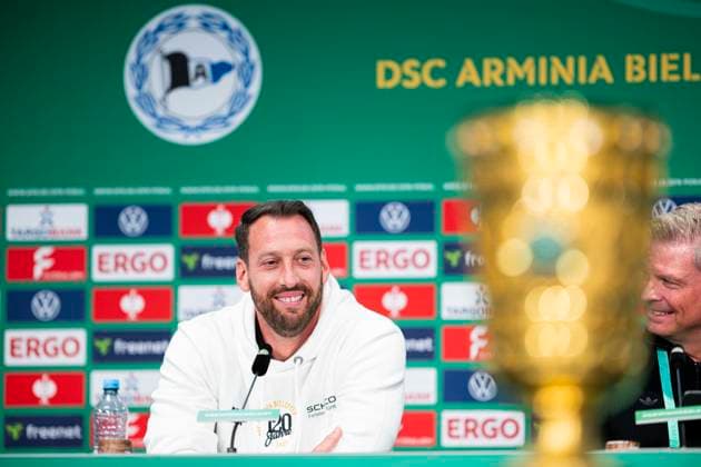 23 05 2025 Press conference before the DFB Cup final in Berlin Mitch Kniat Coach Bielefeld before the match between DSC Arminia Bielefeld and VfB Stuttgart Berlin Berlin Germany Olympiastadion
