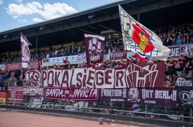 Soccer, Men, Season 2024 2025, COSY WASCH Berlin State Cup Final at Mommsenstadion, BSV Eintracht Mahlsdorf BFC Dynamo 0 2 , BFC fans celebrate the victory with a banner, 24 05 2025, Copyright: xMatthiasxKochx