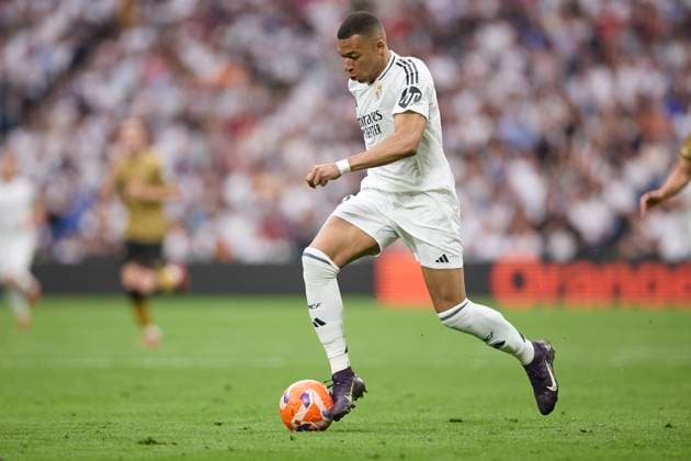 Kylian Mbappe Real Madrid CF controls the ball during the LaLiga match between Real Madrid and Real Sociedad at Santiago BernabÃ u on May 24, 2025 in Madrid, Spain Photo by Manu Reino DeFodi Images