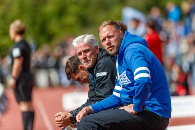 front coach Daniel Brinkmann Rostock with co-coach Dirk Flock Rostock GER, FC Hansa Rostock vs SV Pastow, soccer, men, Landespokal Mecklenburg Vorpommern, Lübzer Pils Cup, final, season 2024 2025, 24 05 2025 Waren Müritzstadion Mecklenburg Vorpommern Germany