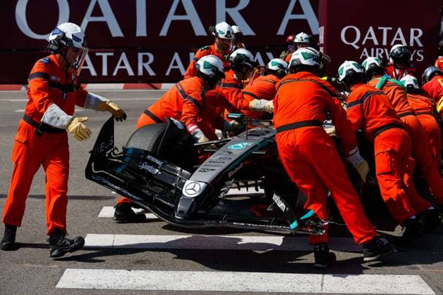 F1 - MONACO GRAND PRIX 2025 12 KIMI ANTONELLI Andrea (ita), Mercedes AMG F1 Team W16, crash, accident, illustration, detail during the Formula 1 Tag Heuer Grand Prix de Monaco, 8th round of the 2025 FIA Formula One World Championship, WM, Weltmeisterschaft from May 23 to 25, 2025 on the Circuit de Monaco, in Monte-Carlo, Monaco - Monte-CarloMonaco  Copyright: xJavierxJimenezx