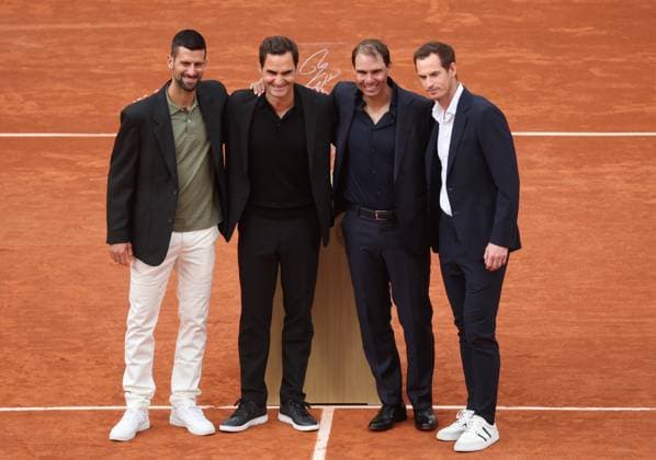 British Andy Murray (R), Swiss Roger Federer (2L) and Czech Novak Djokovic (L), pose for an official photo with Rafael Nadal of Spain during a tribute ceremony in his honor, on the first day of the Roland Garros French Tennis Open in Paris, France, on Sunday, May 25, 2025. Nadal was honored in a special farewell ceremony that celebrated his extraordinary legacy in Paris.  PAR20250525124 MAYAxVIDON-WHITE