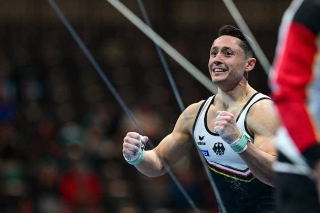 27 05 2025, xkaix, Gymnastics European Championships 2025, f l Andreas Toba Germany cheers after his high bar routine Leipzig kp