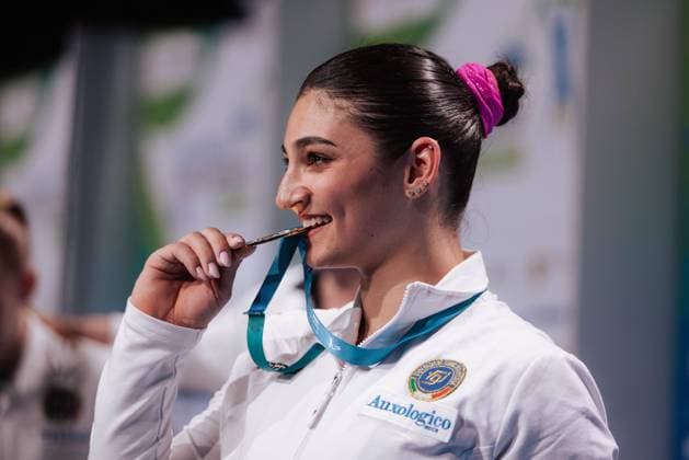 Gymnastics European Championships 2025 Womens All-Around Final Leipzig ESPOSITO Manila ITA Bites for the gold medal after her victory in the All-Around Final Leipzig Messe Leipzig SN Germany