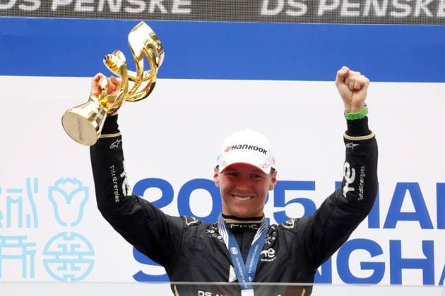 Cheering winner Maximilian Günther GER DS Penske with the trophy on the podium, Race 1, FIA Formula E World Championship Season 11, Shanghai E Prix, China, 31 05 2025, Shanghai International Circuit
