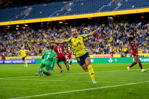 250603 Johanna Rytting Kaneryd of Sweden celebrates after scoring 2 0 during the Women s Nations League football match between Sweden and Denmark on June 3, 2025 in Stockholm Photo Joel Marklund BILDBYRAN kod JM JM0698 fotboll football soccer fotball nations league uefa womens nations league sverige sweden danmark denmark dam bbeng bbauto jubel  Copyright: JOELxMARKLUND BB250603JM023