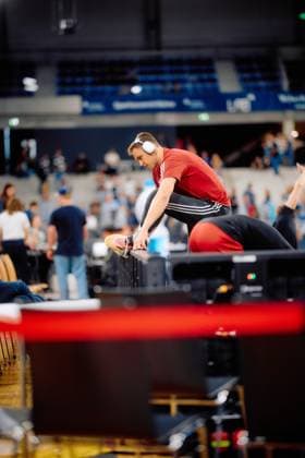 Johannes Voigtmann 7, FC Bayern Basketball in the arena warming up and preparing for the game Basketball I Men I 2024 2025 season I Playoff semi-final I Matchday 2 I MLP Academics Heidelberg - FC Bayern Basketball I 04 06 2025 Copyright: xMaxxMesterx