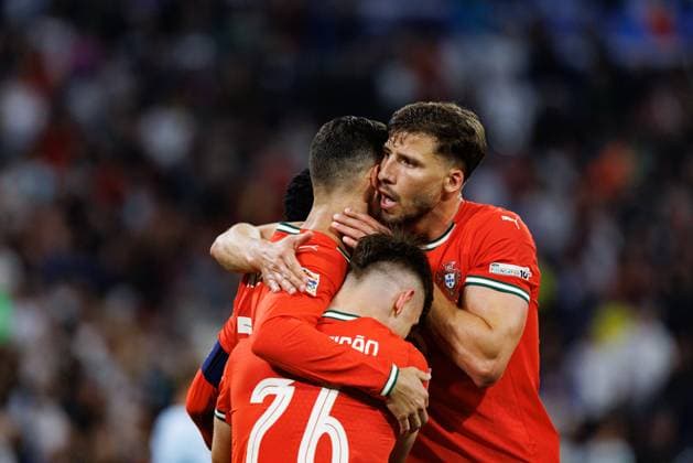 Players of Portugal seen celebrating after goal from Cristiano Ronaldo during official training before UEFA Nations League 2025 semifinal game between national teams of Germany and Portugal (Maciej Rogowski) Munich Allianz Arena Germany Copyright: xMaciejxRogowskix germanyportugal2425-50