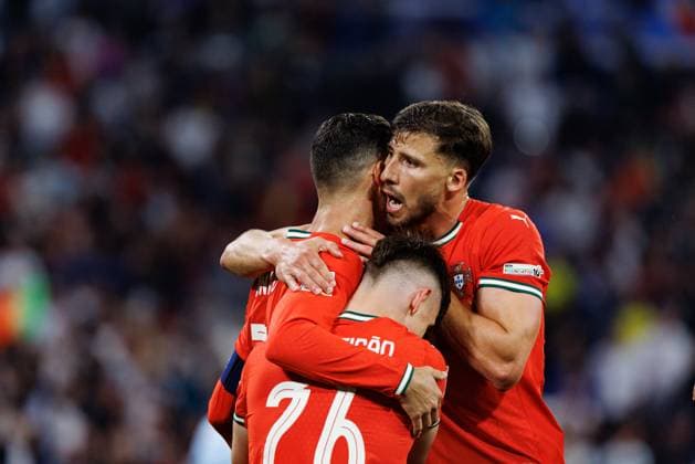 Players of Portugal seen celebrating after goal from Cristiano Ronaldo during official training before UEFA Nations League 2025 semifinal game between national teams of Germany and Portugal (Maciej Rogowski) Munich Allianz Arena Germany Copyright: xMaciejxRogowskix germanyportugal2425-51